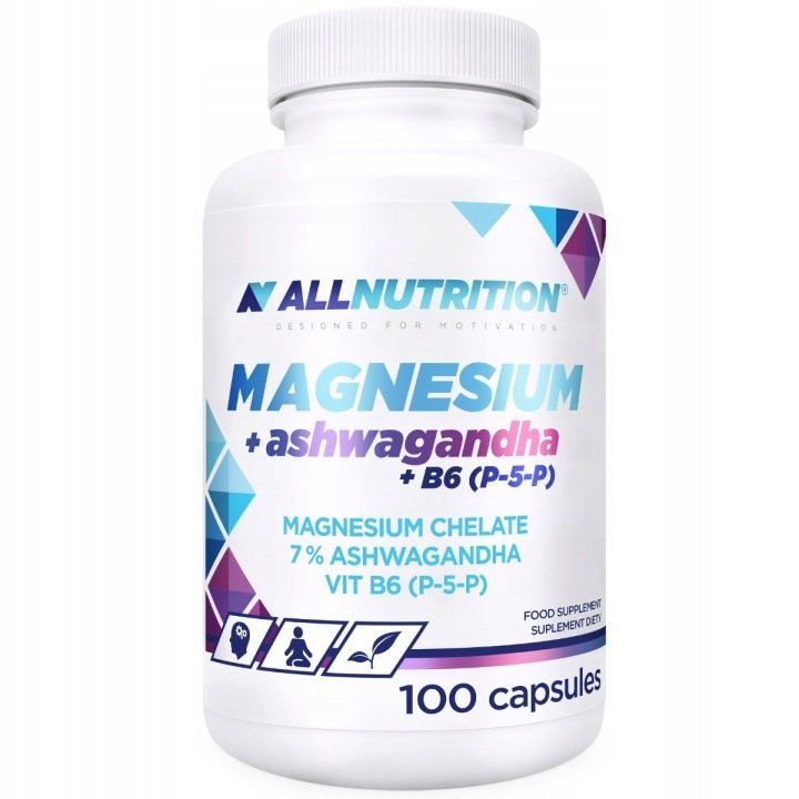 ALLNUTRITION-MAGNESIUM-ASHWAGANDHA-B6-P-5-P-100KAP-ZMECZENIE-MIESNIE ALLNUTRITION MAGNESIUM + ASHWAGANDHA + B6(P-5-P) 100KAP ZMĘCZENIE MIĘŚNIE