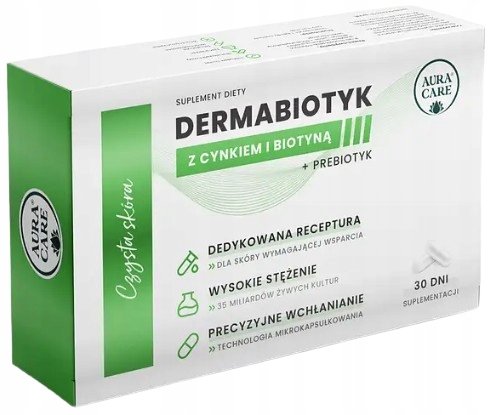 AURA CARE Dermabiotyk Czysta Skóra CYNK BIOTYNA PROBIOTYK 30 kapsułek