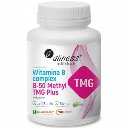 Aliness-Witamina-B-Complex-Methyl-B-50-TMG-100-kapsulek-Uklad-Nerwowy-Serce Aliness Witamina B Complex Methyl B-50 TMG 100 kapsułek Układ Nerwowy Serce