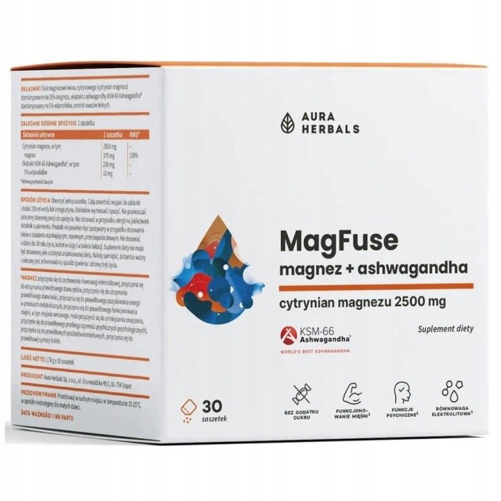 Aura Herbals MagFuse Magnez + KSM66 Ashwagandha Układ Nerwowy 30 sasz