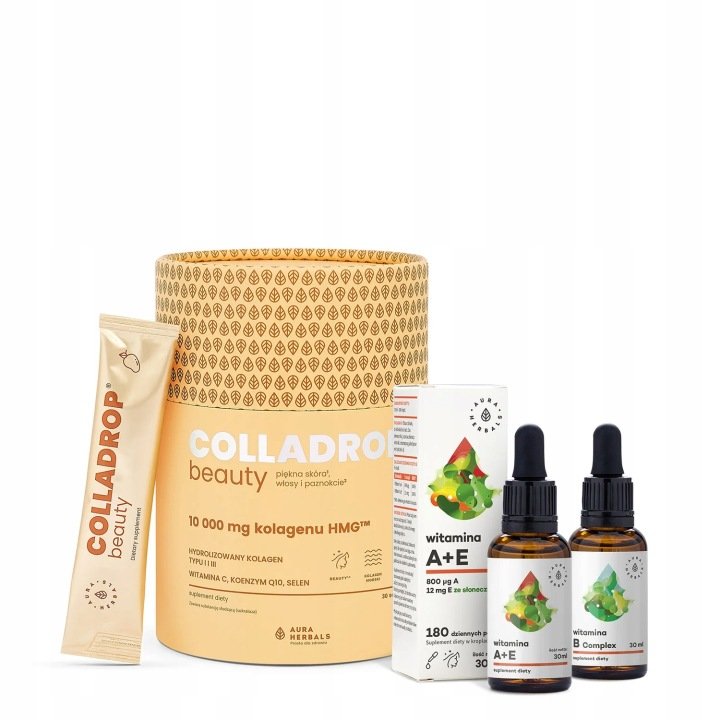Aura-Herbals-Zestaw-Colladrop-Kolagen-Rybi-Witamina-A-E-B-Complex-krople Aura Herbals Zestaw Colladrop Kolagen Rybi, Witamina A+E, B Complex, krople