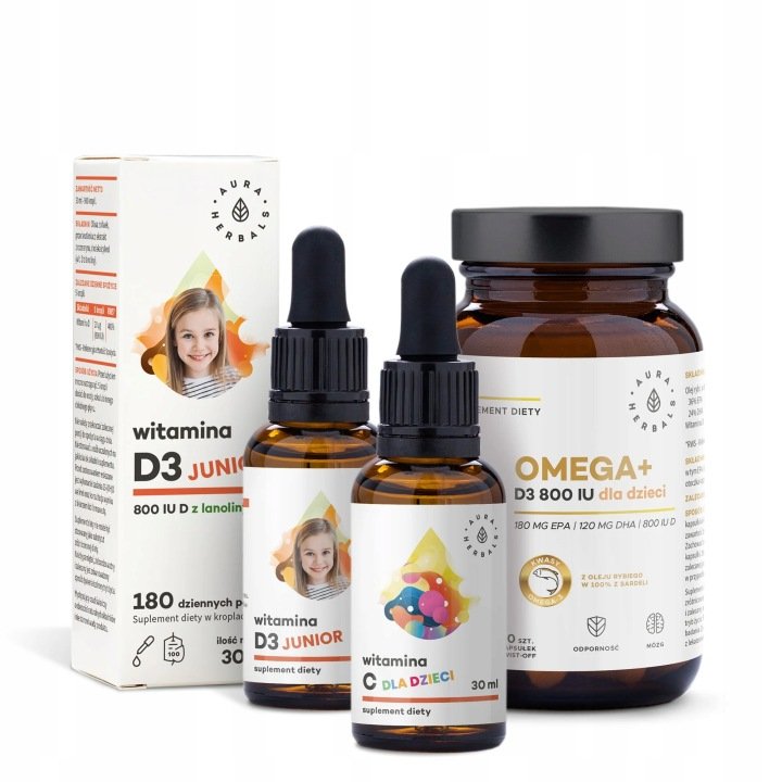 Aura-Herbals-Zestaw-JUNIOR-Dla-Dzieci-Witamina-C-Witamina-D3-Omega-D3 Aura Herbals Zestaw JUNIOR Dla Dzieci, Witamina C + Witamina D3 + Omega+D3