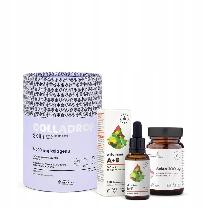 Aura-Herbals-Zestaw-PROMIENNA-SKORA-Colladrop-Skin-Witamina-A-E-Selen-200 Aura Herbals Zestaw PROMIENNA SKÓRA Colladrop Skin, Witamina A+E, Selen 200