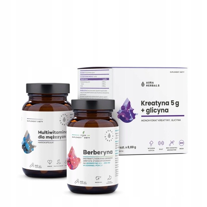 Aura-Herbals-Zestaw-dla-niego-Kreatyna-glicyna-Multiwitamina-Berberyna Aura Herbals Zestaw dla niego, Kreatyna + glicyna, Multiwitamina, Berberyna