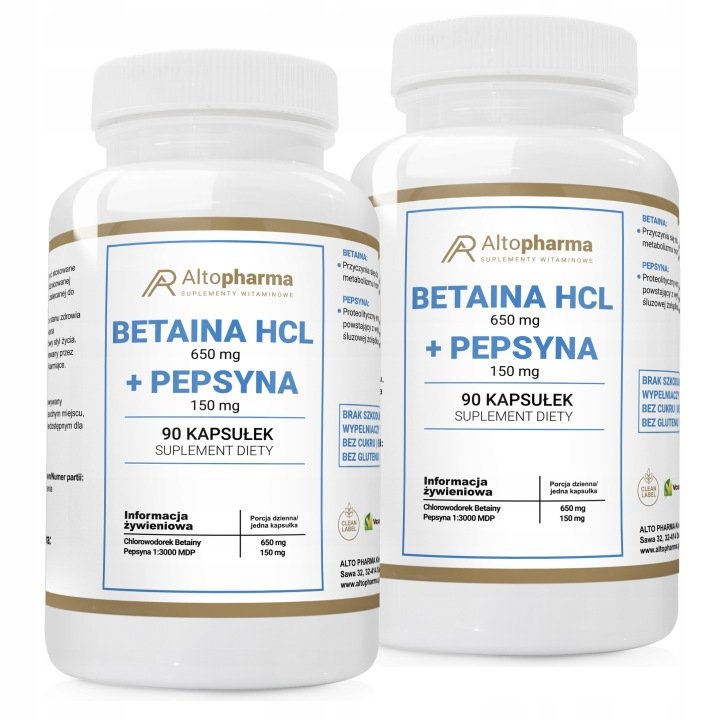 BETAINA HCl 650 mg + PEPSYNA 150 mg Betaina Homocysteina Trawienie 180 kap