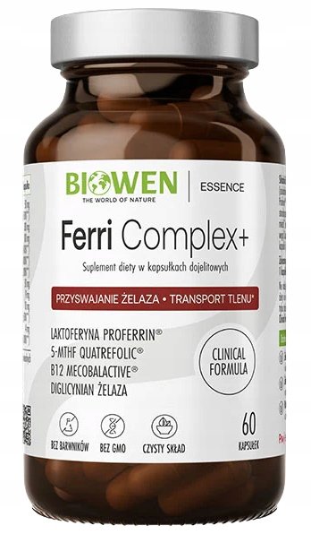 BIOWEN Ferri Complex+ ŻELAZO Diglicynian LAKTOFERYNA B12 ANEMIA ZMĘCZENIE