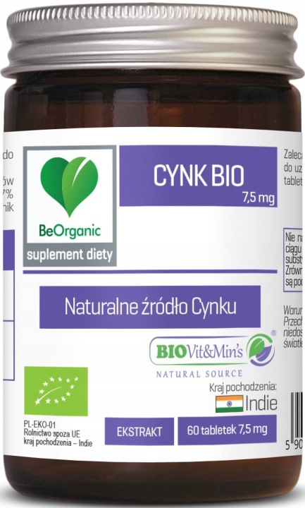 BeOrganic Cynk BIO 7,5mg 60 tabletek NATURALNY