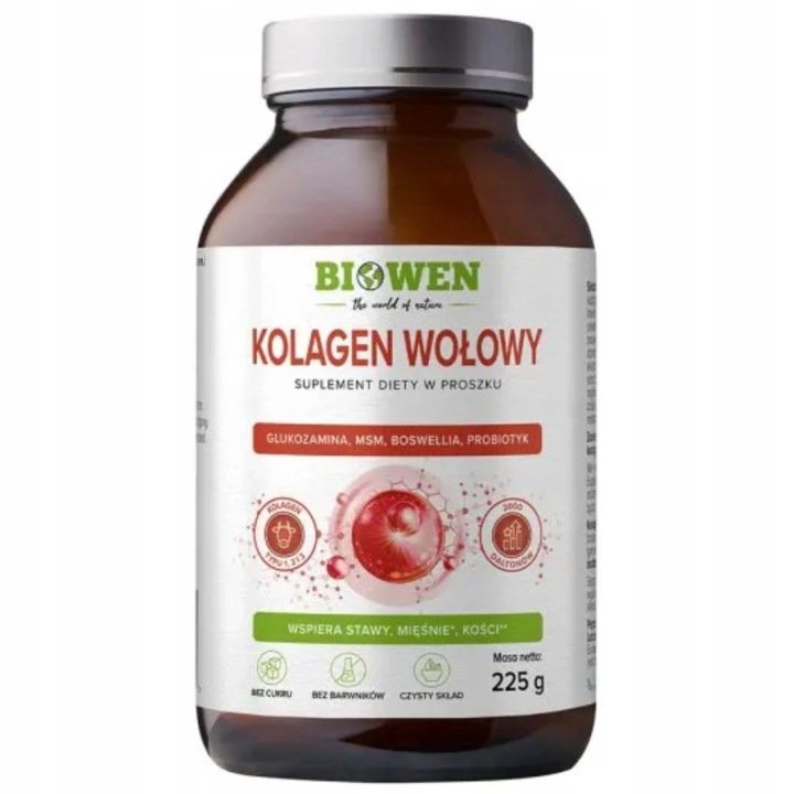 Biowen KOLAGEN WOŁOWY TYP I + II + III Proszek 225g MOCNE STAWY KOŚCI Skóra