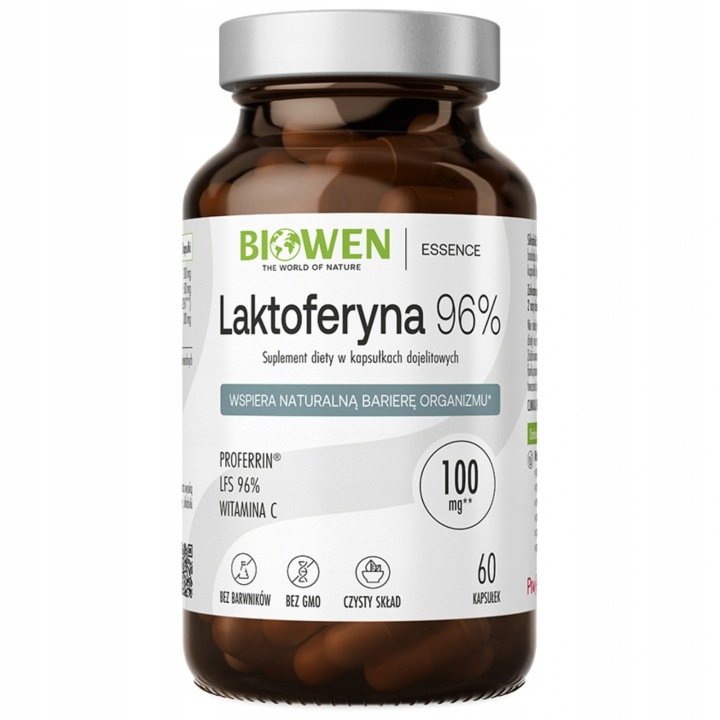 Biowen-LAKTOFERYNA-96-60-kapsulek-ODPORNOSC-Anemia-WCHLANIANIE-ZELAZA Biowen LAKTOFERYNA 96% 60 kapsułek ODPORNOŚĆ Anemia WCHŁANIANIE ŻELAZA