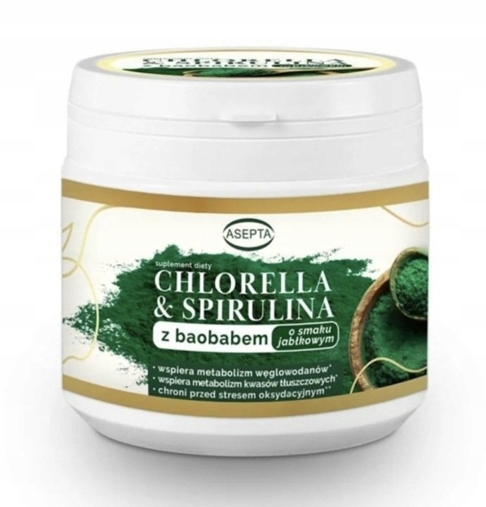 CHLORELLA-I-SPIRULINA-Z-BAOBABEM-O-SMAKU-JABLKOWYM-150-G CHLORELLA I SPIRULINA Z BAOBABEM O SMAKU JABŁKOWYM 150 G