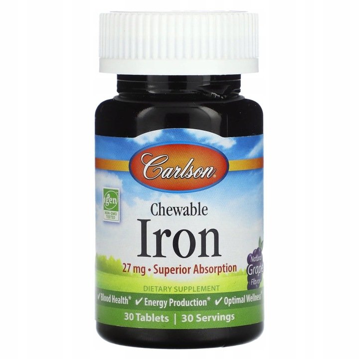 Carlson-Zelazo-do-zucia-naturalne-winogrono-27-mg-30-tabletek Carlson, Żelazo do żucia, naturalne winogrono, 27 mg, 30 tabletek