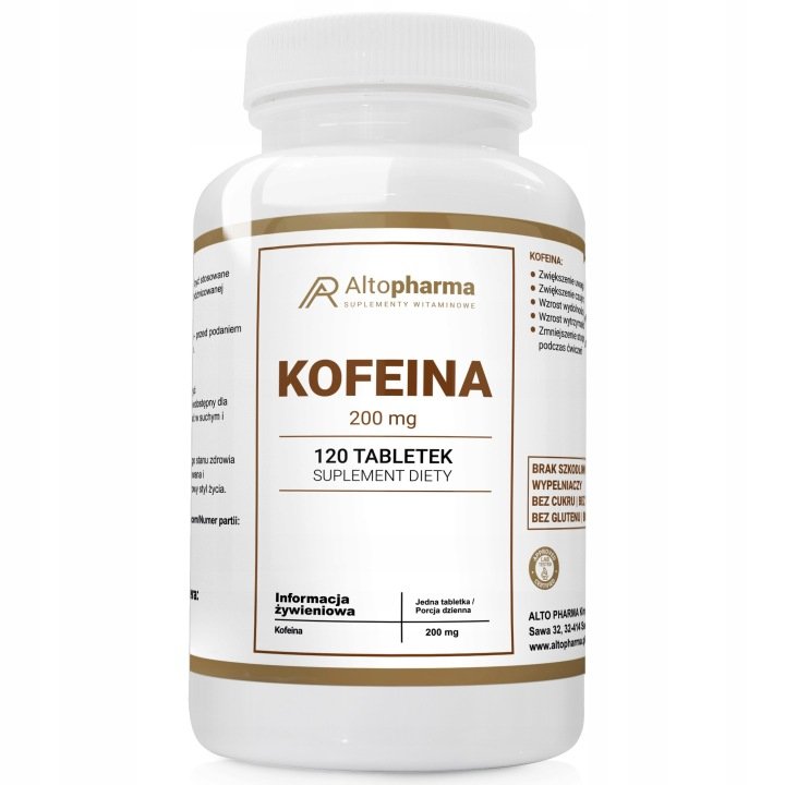 KOFEINA 200 mg Pamięć Koncentracja Czujność Uwaga Wytrzymałość 120 tabletek