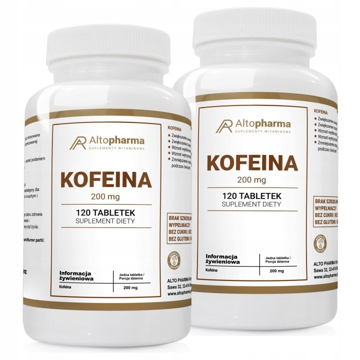 KOFEINA 200 mg Pamięć Koncentracja Czujność Uwaga Wytrzymałość 240 tabletek