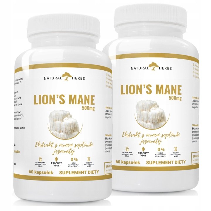 LIONS MANE 500 mg Soplówka Jeżowata Pamięć Koncentracja Odporność 120 kap