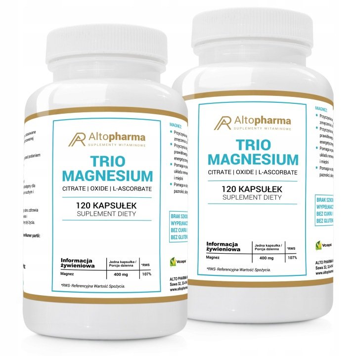 MAGNEZ TRIO MAGNESIUM 400 mg Cytrynian L-askorbinian Tlenek Skurcze 240 kap