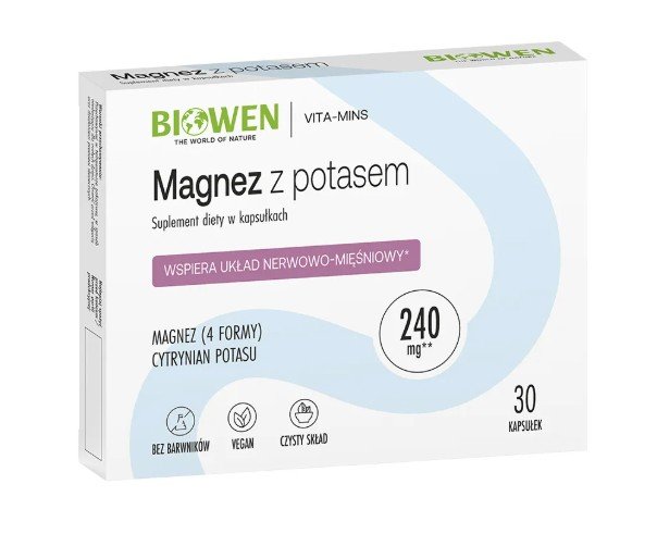 MAGNEZ-Z-POTASEM-CYTRYNIAN-MAGNEZU-240mg-30-kapsulek-Biowen MAGNEZ Z POTASEM CYTRYNIAN MAGNEZU 240mg 30 kapsułek Biowen