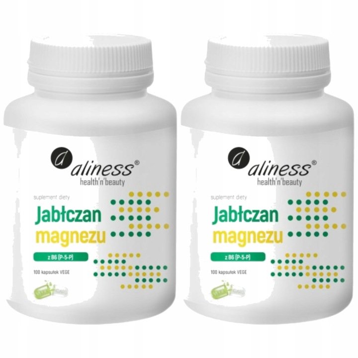 Magnez Jabłczan 100mg Witamina B6 P-5-P Skurcze Zmęczenie 2x100caps Aliness