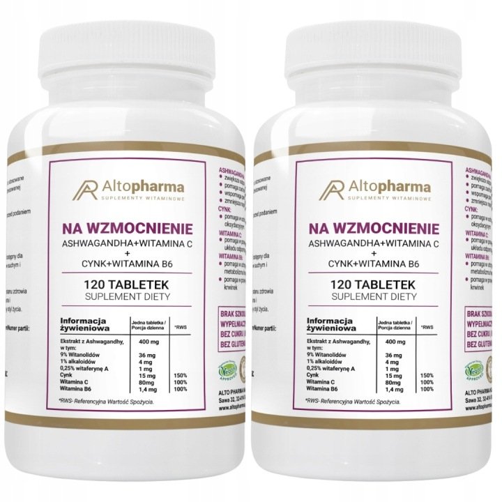 NA WZMOCNIENIE Ashwagandha Cynk Wit C Wit B6 Stres 1+1 GRATIS 2 x 120 tab