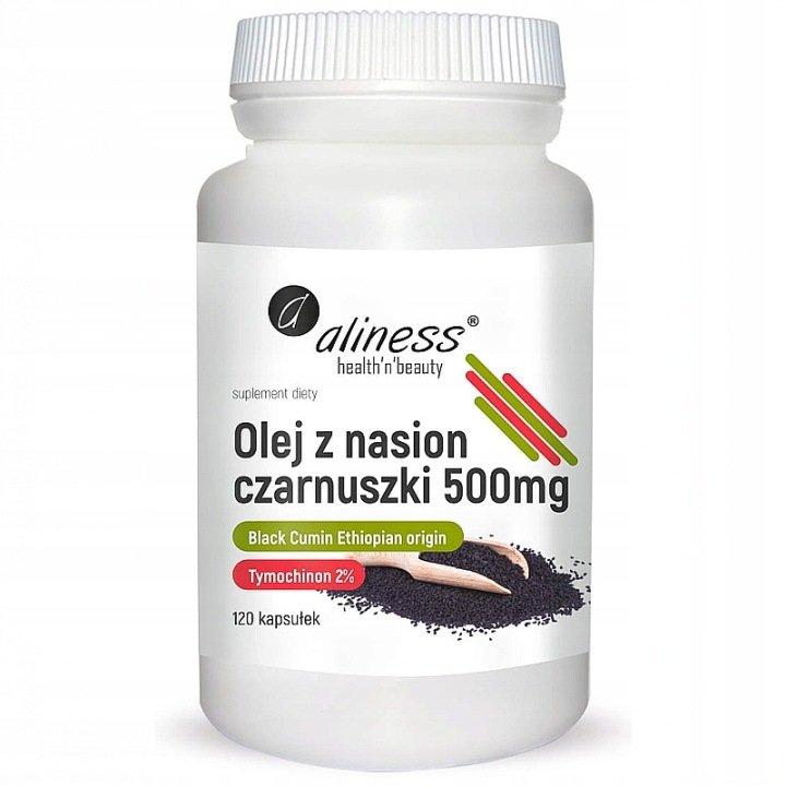 Olej-z-nasion-czarnuszki-2-500-mg-ALINESS-120-kapsulek-tymochinon-kwas-ome Olej z nasion czarnuszki 2% 500 mg ALINESS 120 kapsułek tymochinon kwas ome