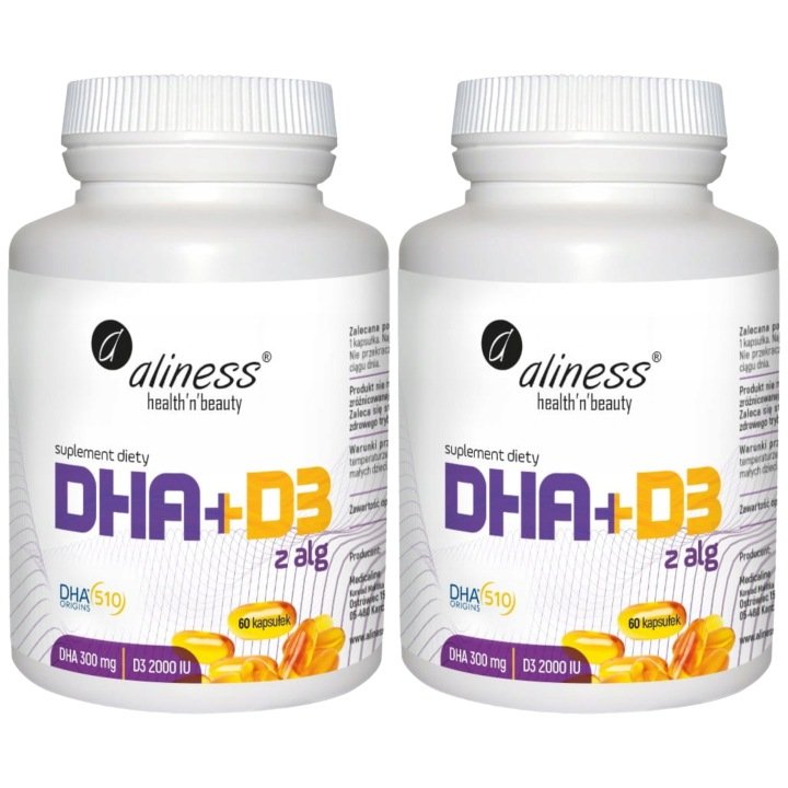 Omega DHA 300mg z Alg Witamina D3 2000IU 2x 60 kap Pamięć Mózg ALINESS