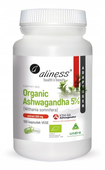 Organic Ashwagandha 5% KSM-66 200mg Aliness 100 VEGE caps PAMIĘĆ STRES