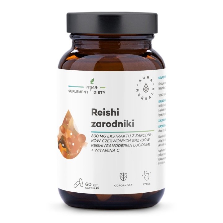 Reishi-zarodniki-800-mg-witamina-C-Aura-Herbals-60-szt Reishi zarodniki 800 mg + witamina C Aura Herbals 60 szt.