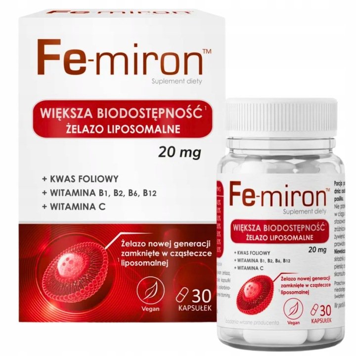 Zelazo-liposomalne-Kwas-foliowy-Fe-miron-witamina-B1-b2-b6-b12-30-kapsulek Żelazo liposomalne Kwas foliowy Fe-miron witamina B1 b2 b6 b12 30 kapsułek