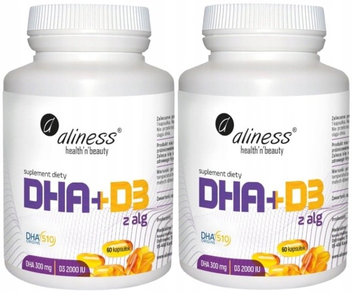 Zestaw 2x Omega DHA 300 mg z alg + D3 2000IU Serce Układ krążenia 60 kaps.